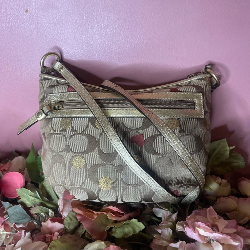 Coach brown signature dot, heart ❤️, gold tone leather trim crossbody bag